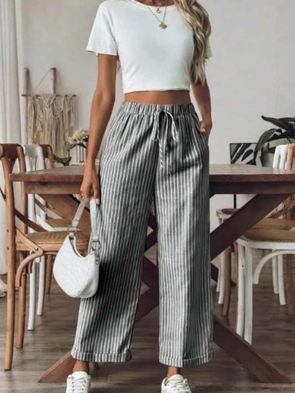 Black Striped Wide-Leg Drawstring Pants 🖤